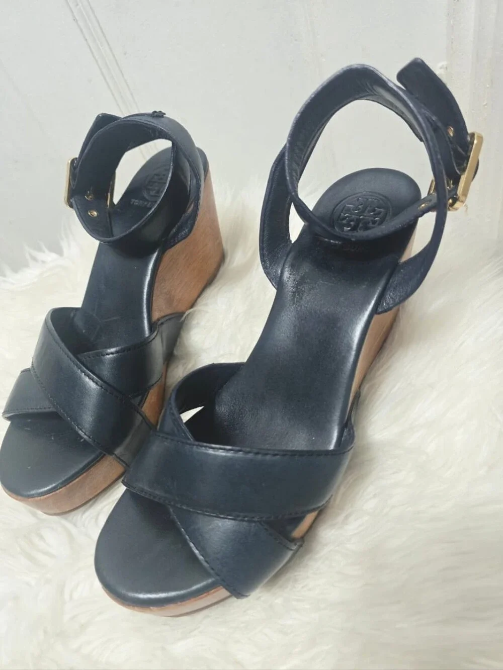 Tory Burch Almita Black Leather Ankle Strap Platform Wedge Sandals size 8.5M